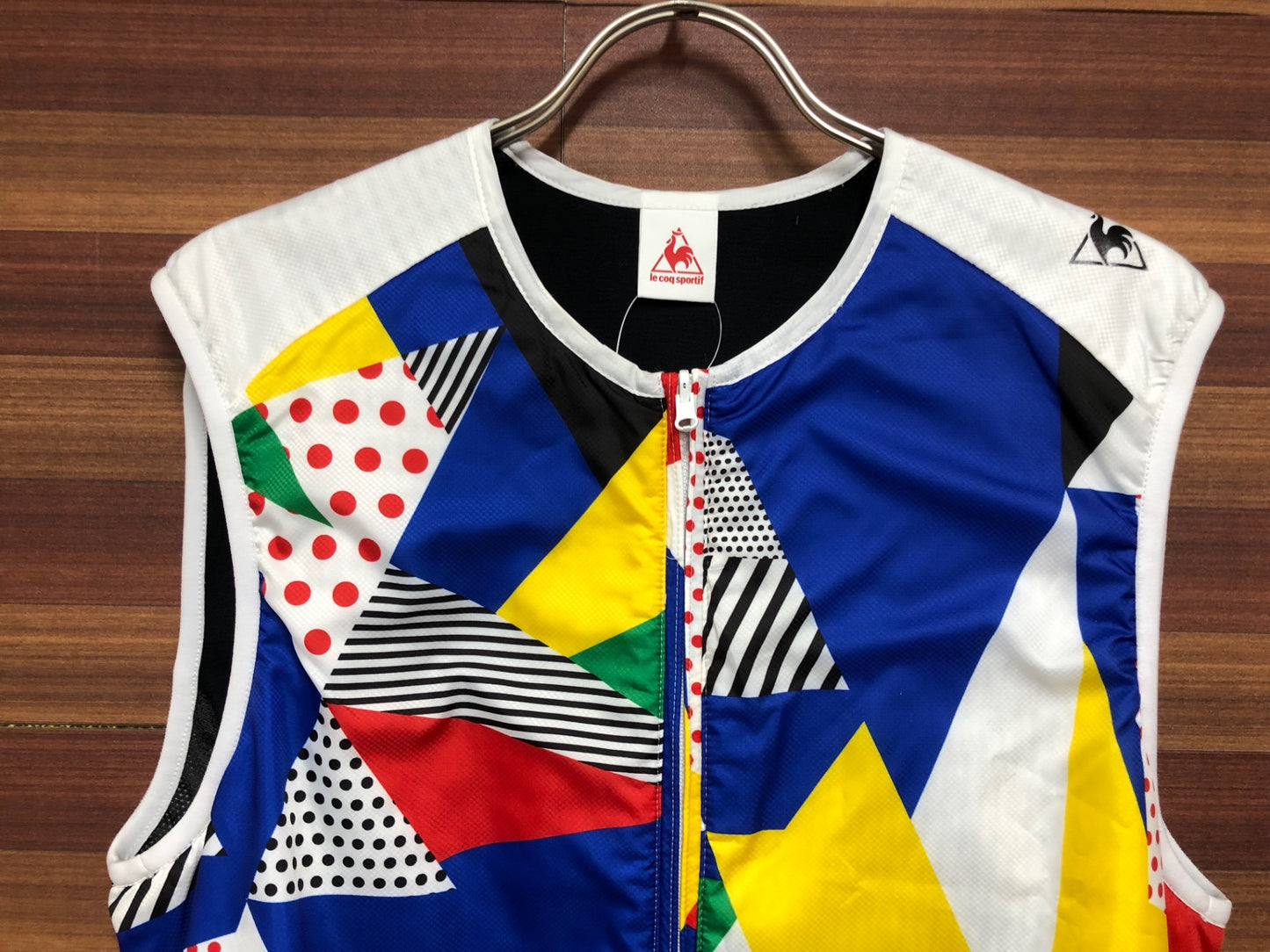 IO075 ルコックスポルティフ le coq sportif サイクルベスト ジレ 白 青 赤 黄 総柄 L 裏起毛