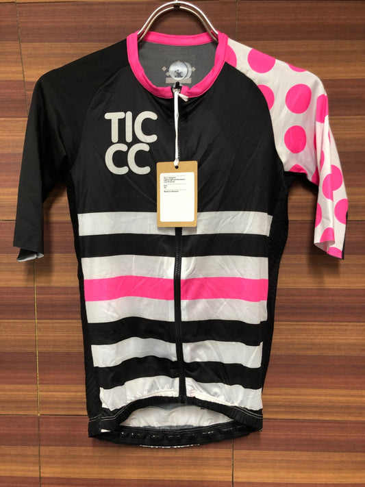 IO341 TICCC 半袖 サイクルジャージ 黒白 水玉ピンク XS