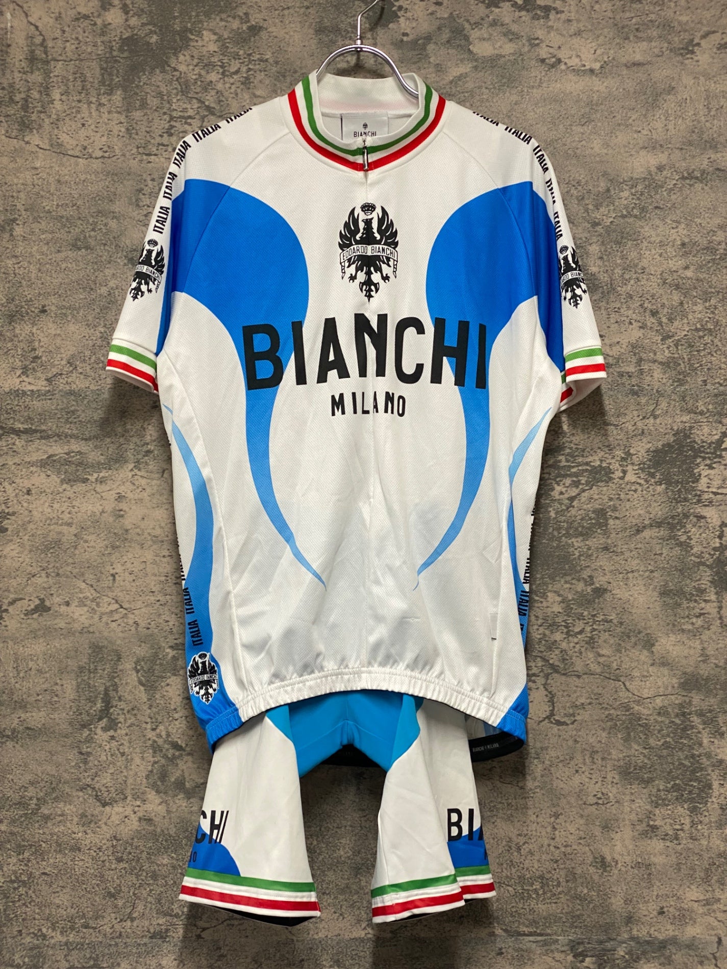 JB689 ビアンキ BIANCHI 半袖 サイクルジャージ ビブショーツ 上下セット 半袖 白/青 XL