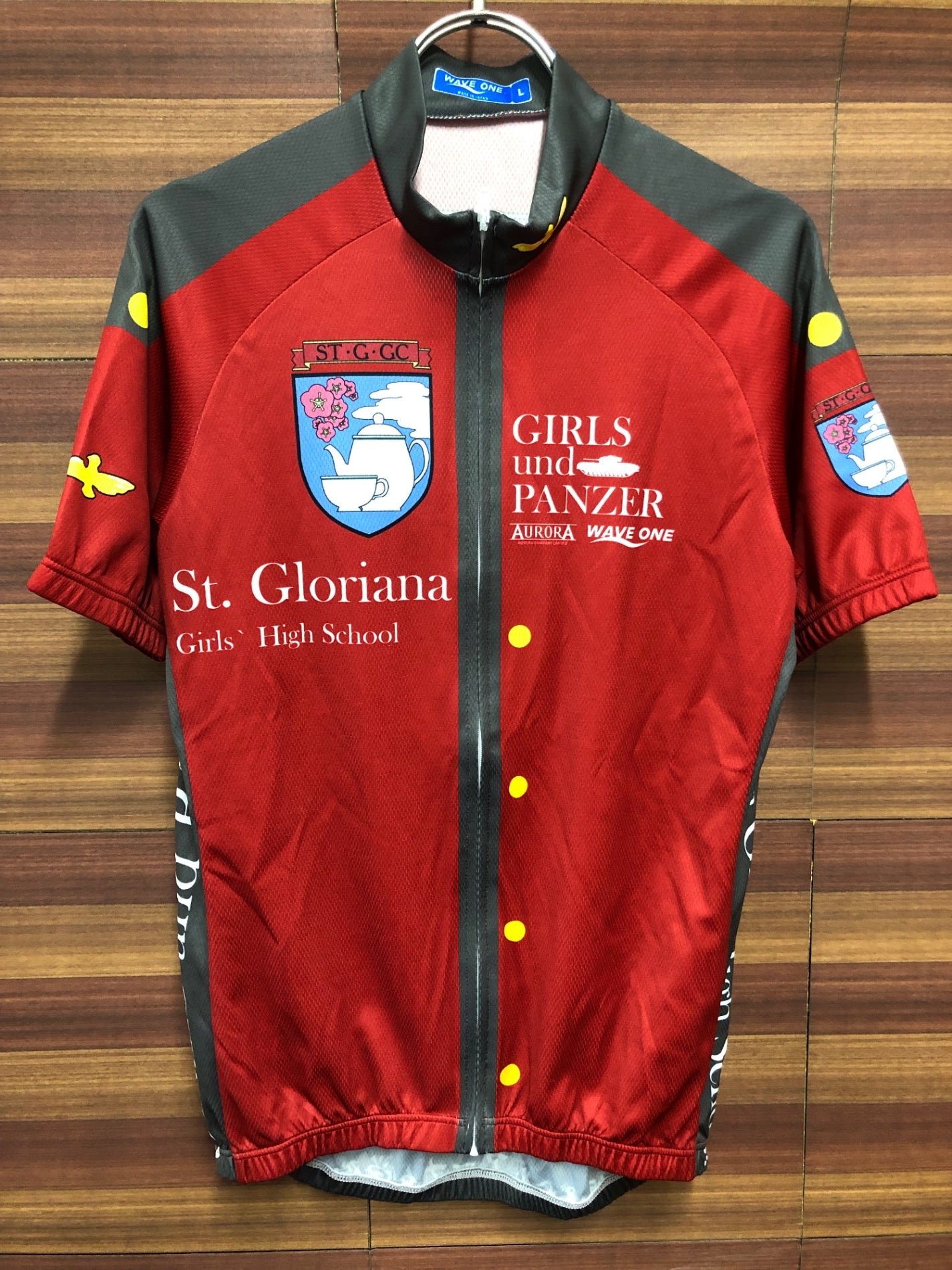 IS996 ウェイブワン WAVE ONE AURORA 半袖 サイクルジャージ 赤 グレー L ガールズ＆パンツァー 聖グロリアーナ女学院 痛ジャージ