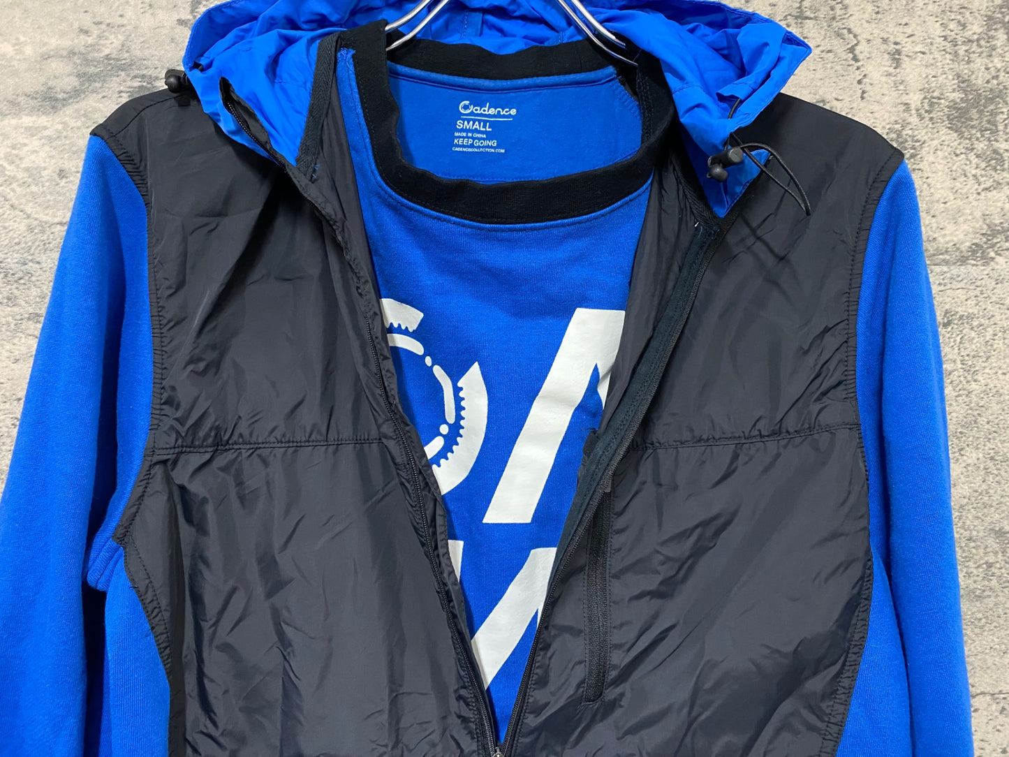 JB386 ケイデンス Cadence 長袖 サイクルジャケット 青 黒 S 裏起毛 ※脇下加工品のためジャンク