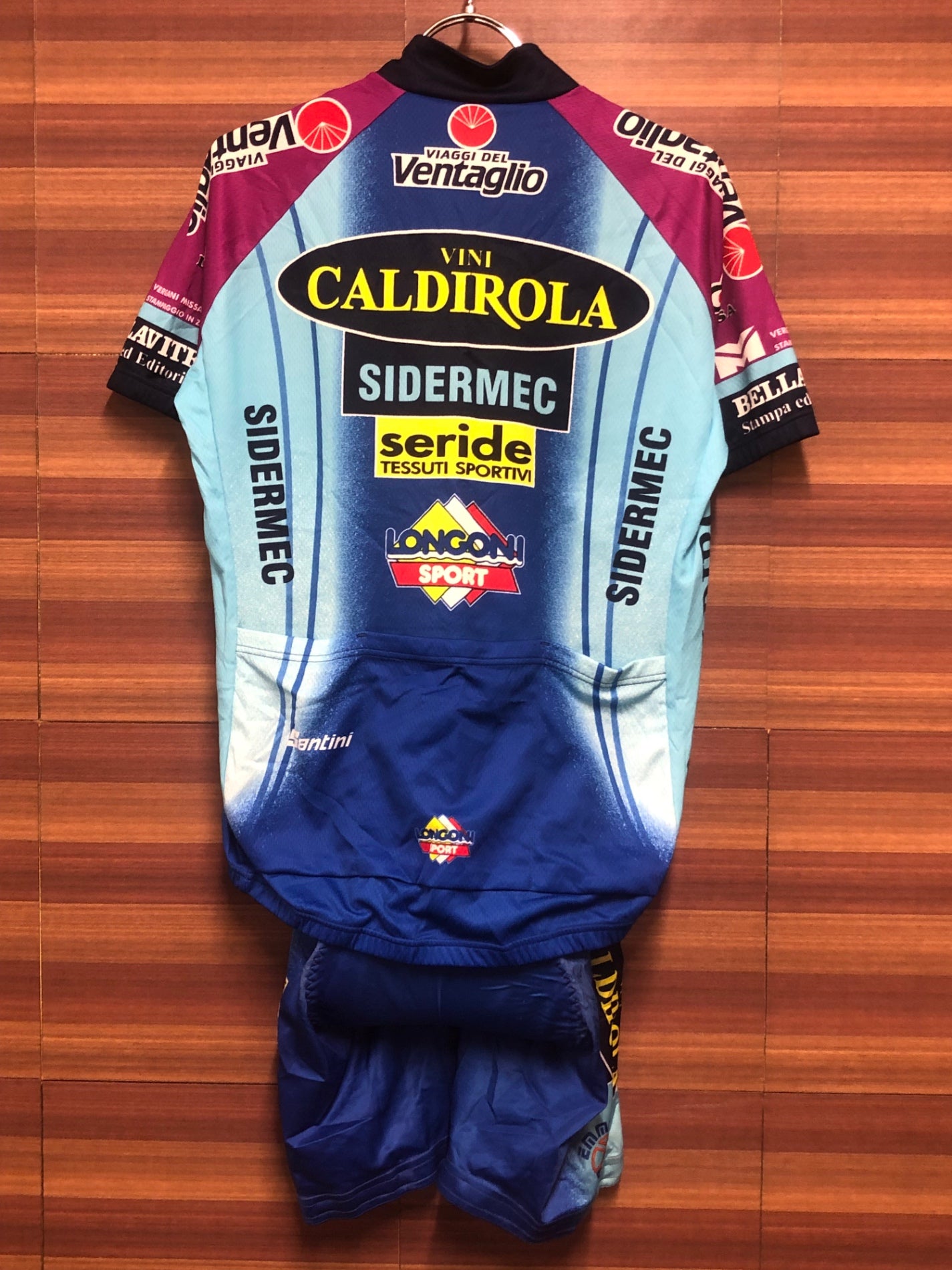 IF392 サンティーニ SANTINI 半袖サイクルジャージ ビブショーツ グローブ セット 青 M VINI CALDIROLA ビンテージ